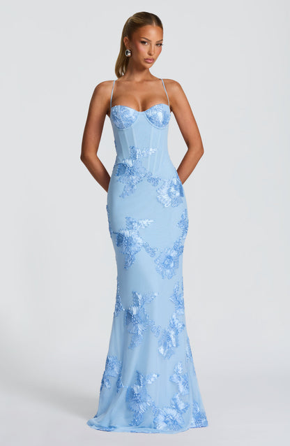 Dames Avondjurk Mouwloos met Corset en Bloemenprint in Mermaid Silhouet Lichtblauw