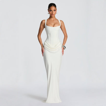 Dames Avondjurk Mouwloos met Corset en Diepe Halslijn Wit