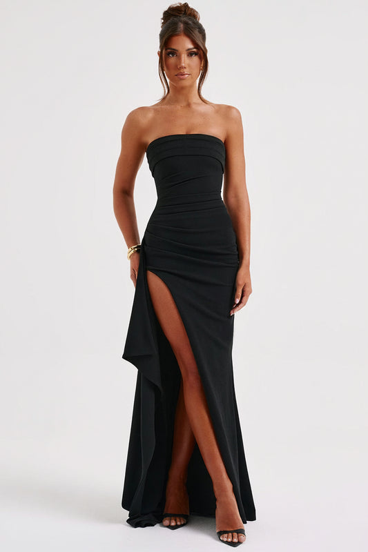 Dames Avondjurk Mouwloos met Strapless Hals, Geplooide Taille en Hoge Split
