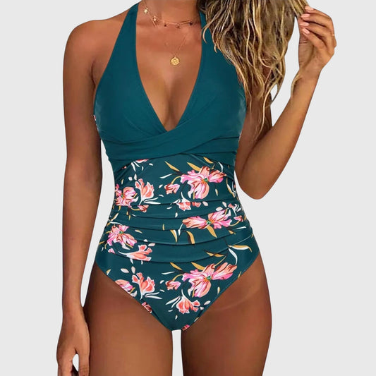 Dames Badpak met Halternek, Diepe V-hals en Bloemenprint Oceaanblauw