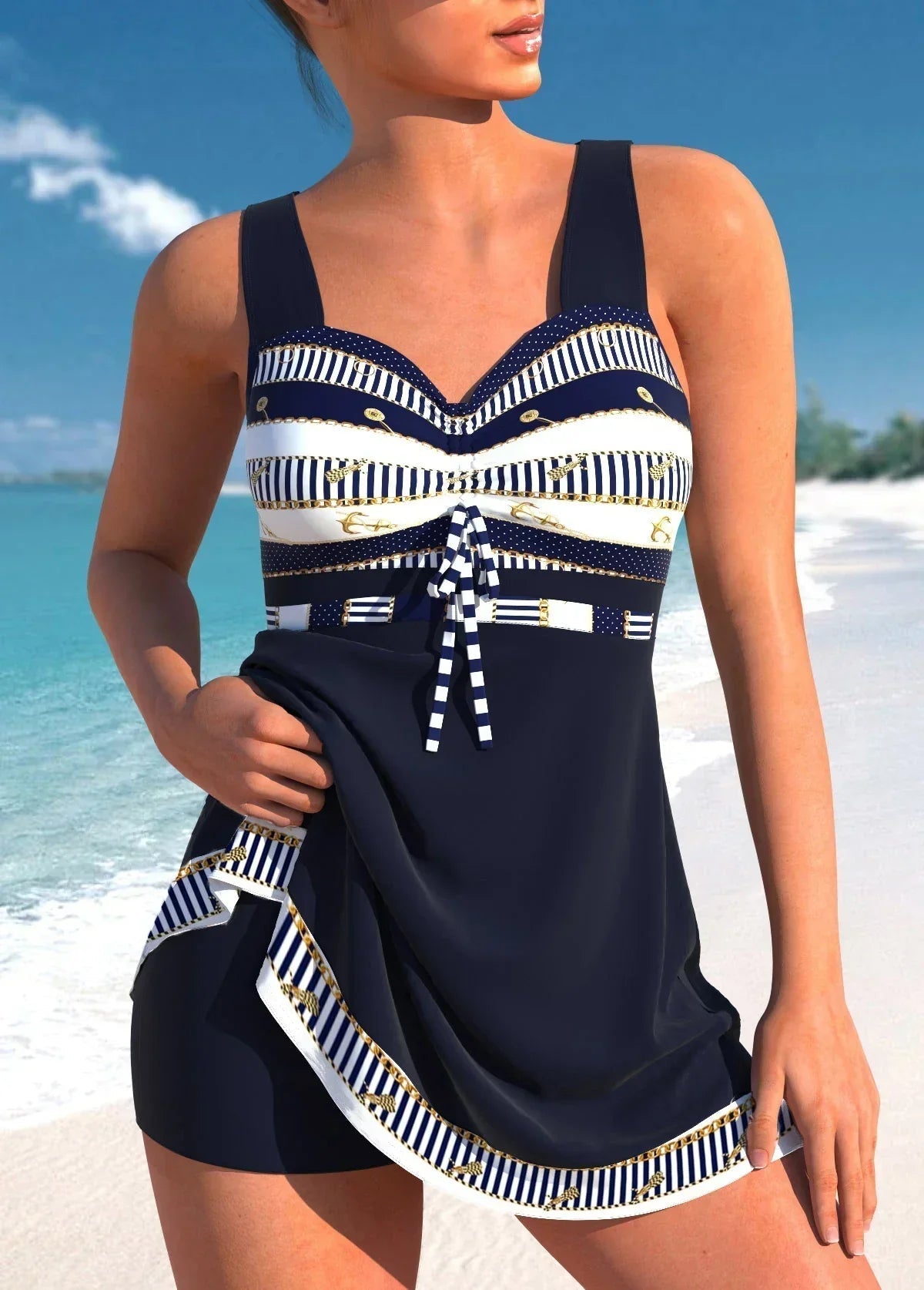Dames Badpak met Hartjesdecolleté en Rokje Mouwloos Marineblauw