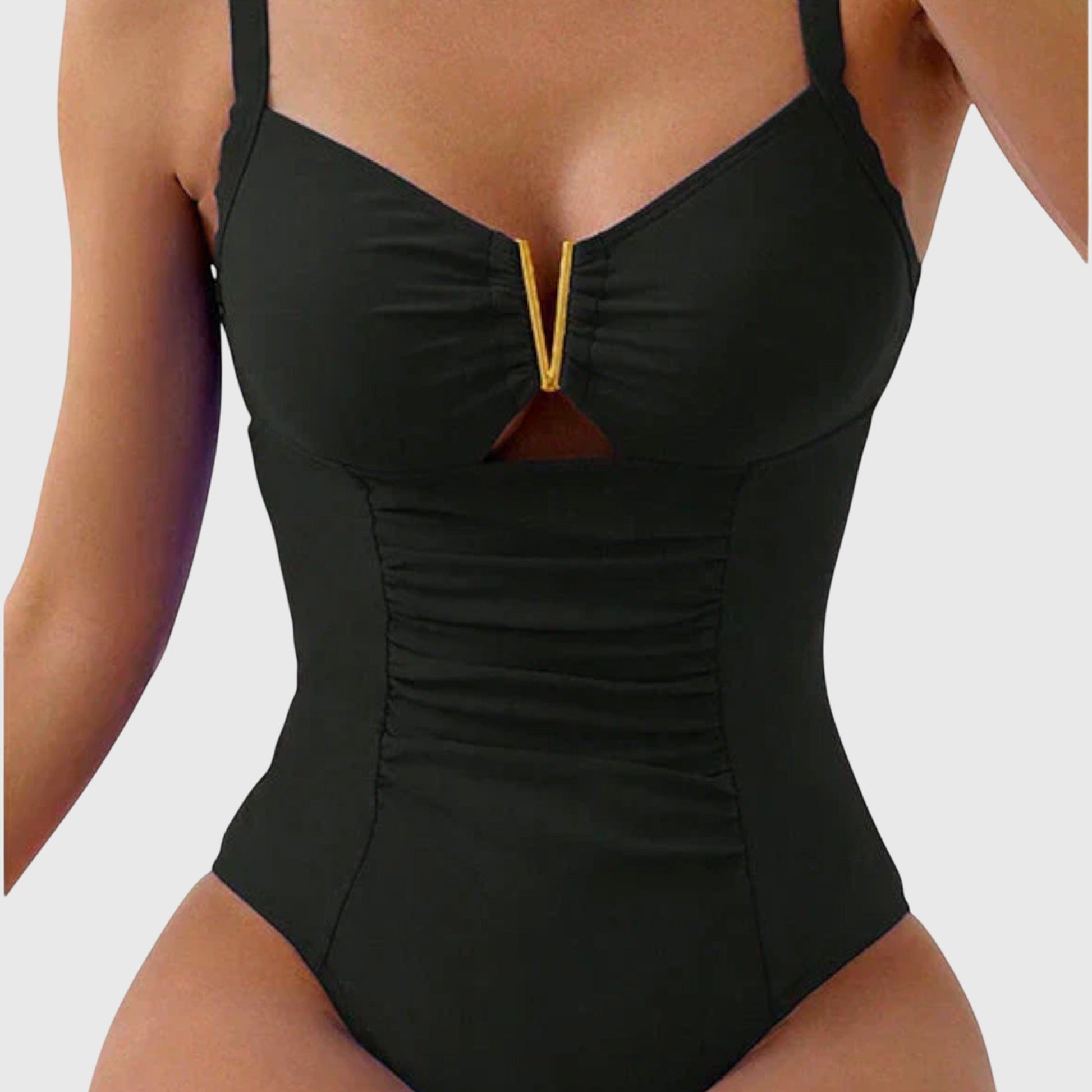 Dames Badpak met V-hals, Cut-out en Gouden Detail Zwart