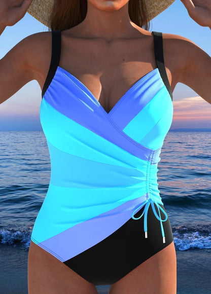 Dames Badpak met V-hals, Surplice Design en Verstelbare Bandjes Blauw