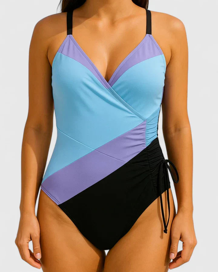 Dames Badpak met V-hals, Wrap-top en Verstelbare Zijkoorden Gestreept Blauw