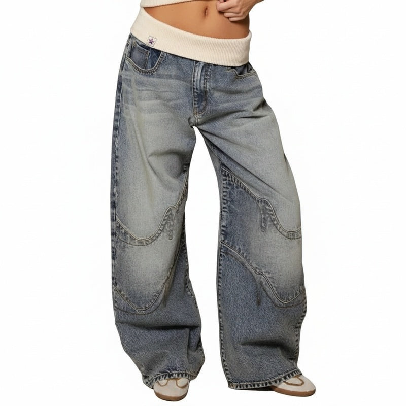 Dames Baggy Wide Leg Jeans met Geribbelde Tailleband en Curved Stiksels