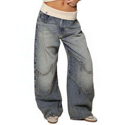 Dames Baggy Wide Leg Jeans met Geribbelde Tailleband en Curved Stiksels