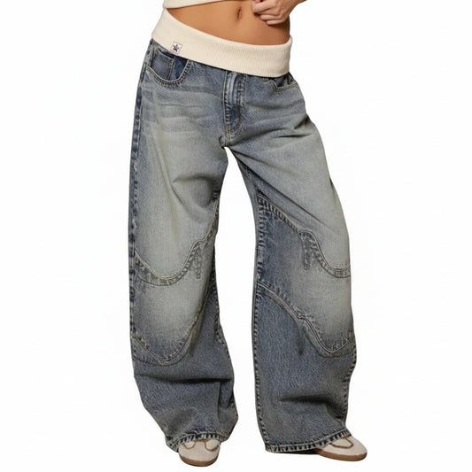 Dames Baggy Wide Leg Jeans met Geribbelde Tailleband en Curved Stiksels