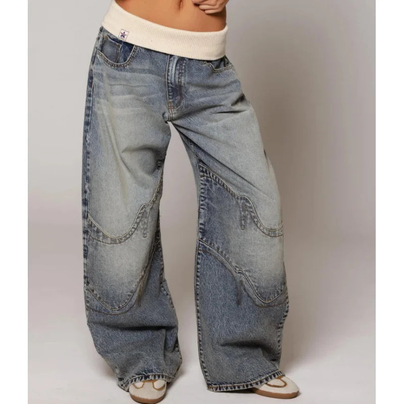 Dames Baggy Wide Leg Jeans met Geribbelde Tailleband en Curved Stiksels Lichtblauw