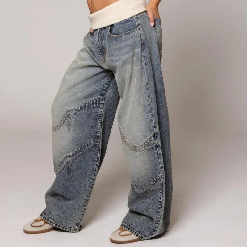 Dames Baggy Wide Leg Jeans met Geribbelde Tailleband en Curved Stiksels