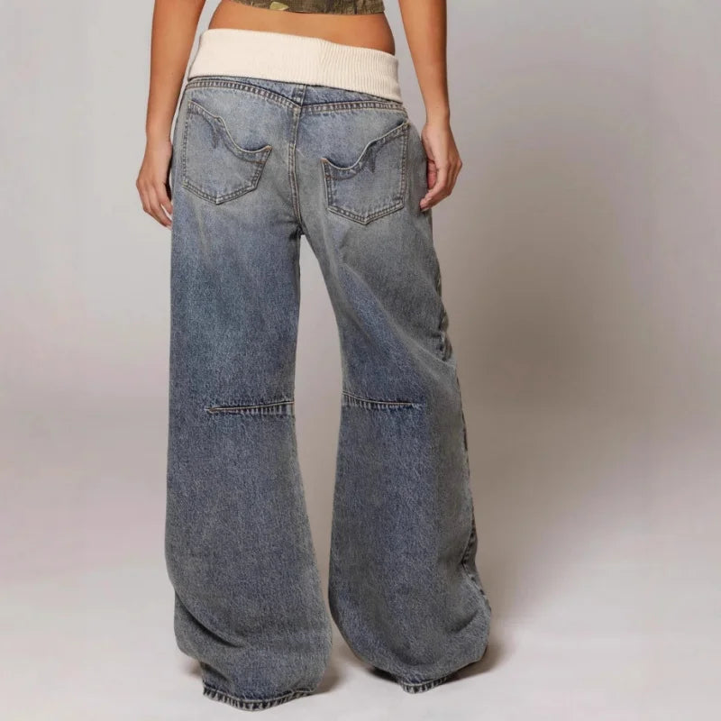 Dames Baggy Wide Leg Jeans met Geribbelde Tailleband en Curved Stiksels