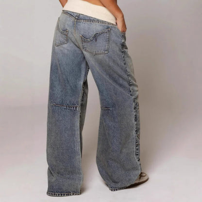 Dames Baggy Wide Leg Jeans met Geribbelde Tailleband en Curved Stiksels