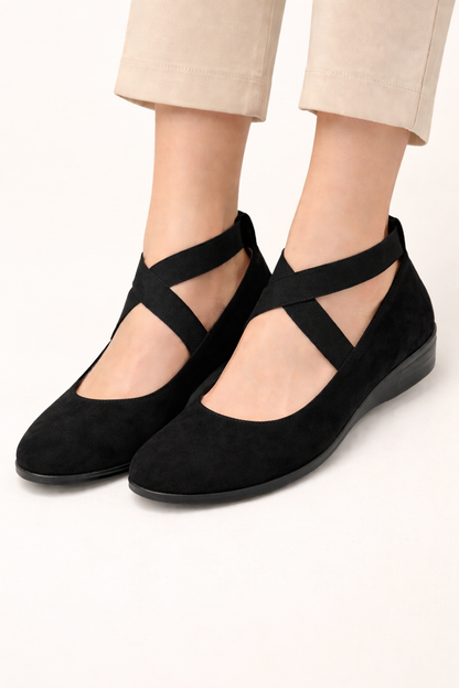 Dames Ballerina Flats met Gekruiste Elastische Bandjes en Ronde Neus