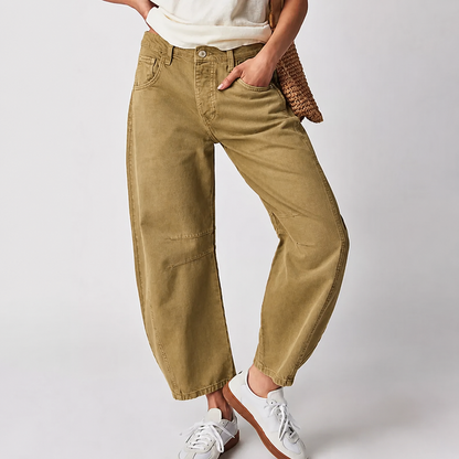 Dames Barrel Jeans met Wijde Pijpen en Lage Taille Beige