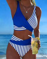 Dames Bikini met Gekruiste V-hals en Hoge Taille met Streepprint