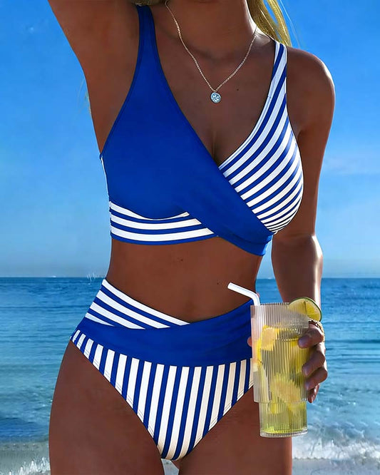Dames Bikini met Gekruiste V-hals en Hoge Taille met Streepprint Blauw