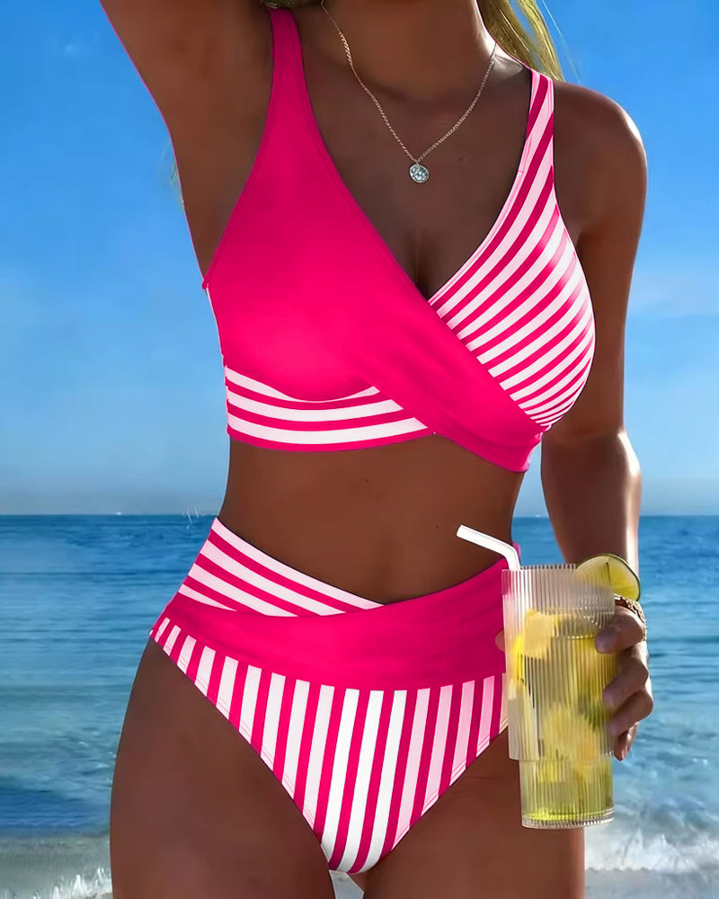 Dames Bikini met Gekruiste V-hals en Hoge Taille met Streepprint Roze