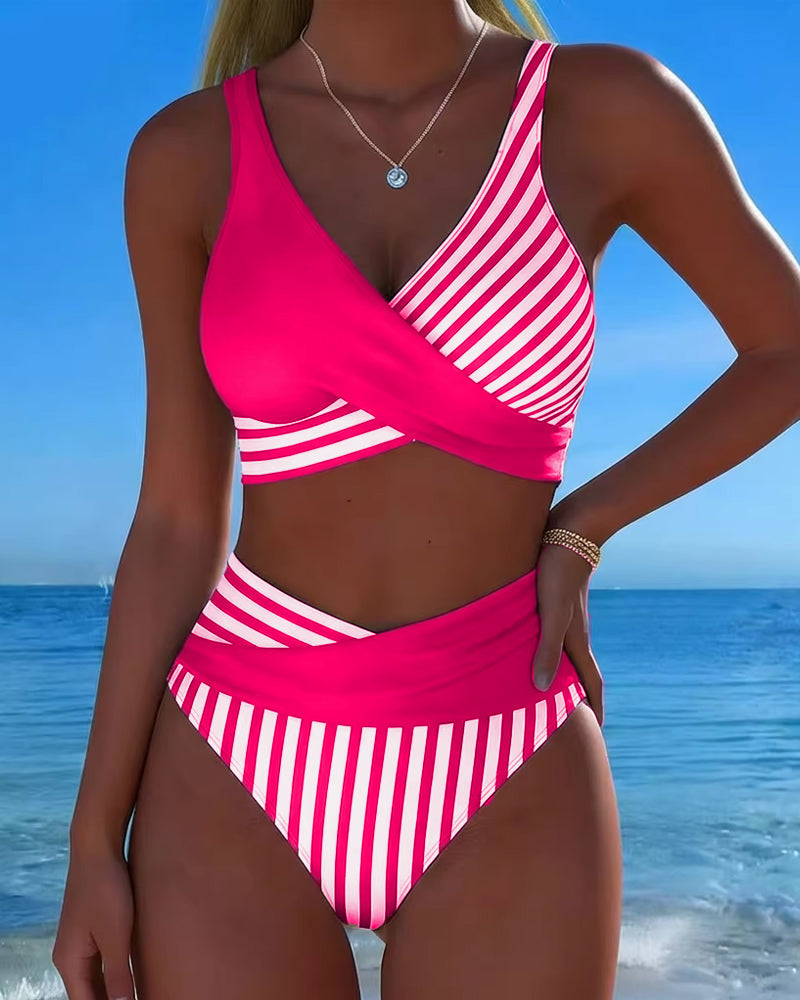 Dames Bikini met Gekruiste V-hals en Hoge Taille met Streepprint