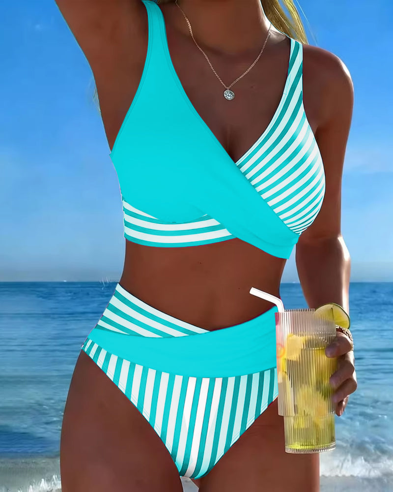 Dames Bikini met Gekruiste V-hals en Hoge Taille met Streepprint Turquoise