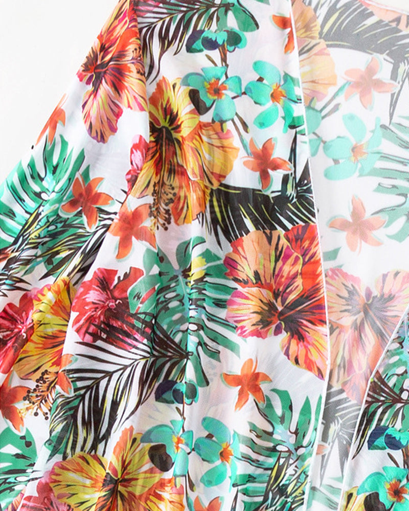 Dames Bikini Set Driedelig met Tropische Bloemenprint en Cover-up