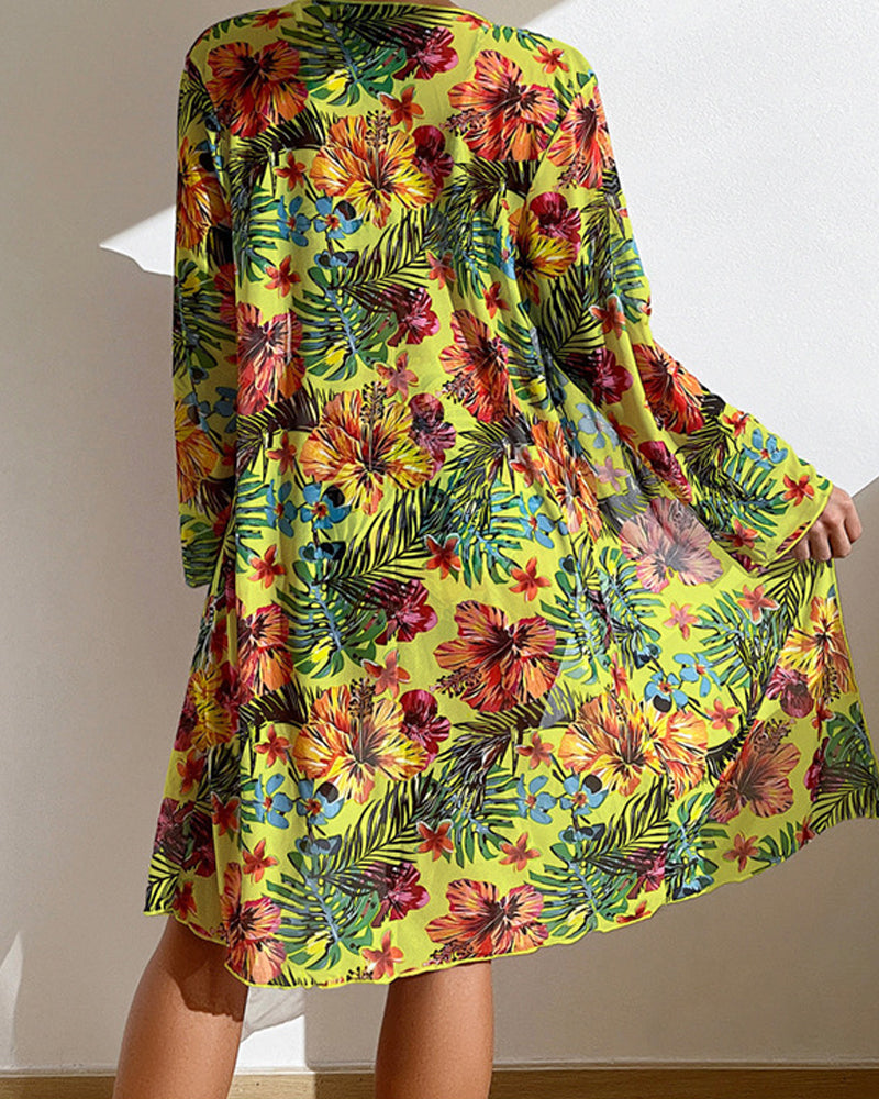 Dames Bikini Set Driedelig met Tropische Bloemenprint en Cover-up