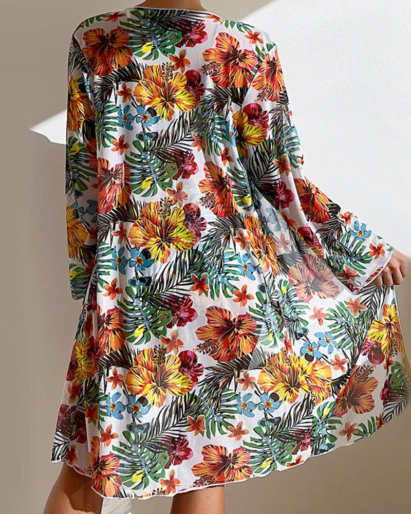 Dames Bikini Set Driedelig met Tropische Bloemenprint en Cover-up