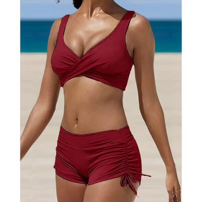 Dames Bikini Set met Crossover Top, V-hals en Geplooide Shorts Bordeauxrood