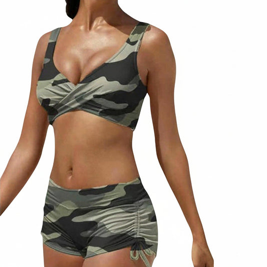 Dames Bikini Set met Crossover Top, V-hals en Ruched Short