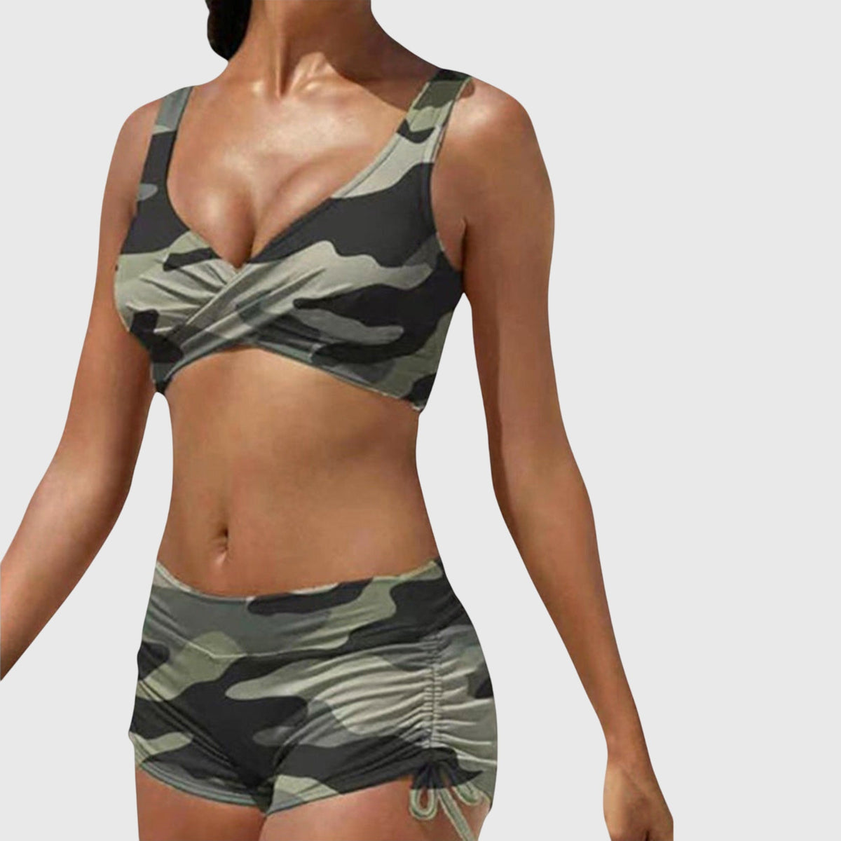 Dames Bikini Set met Crossover Top, V-hals en Ruched Short Camouflage