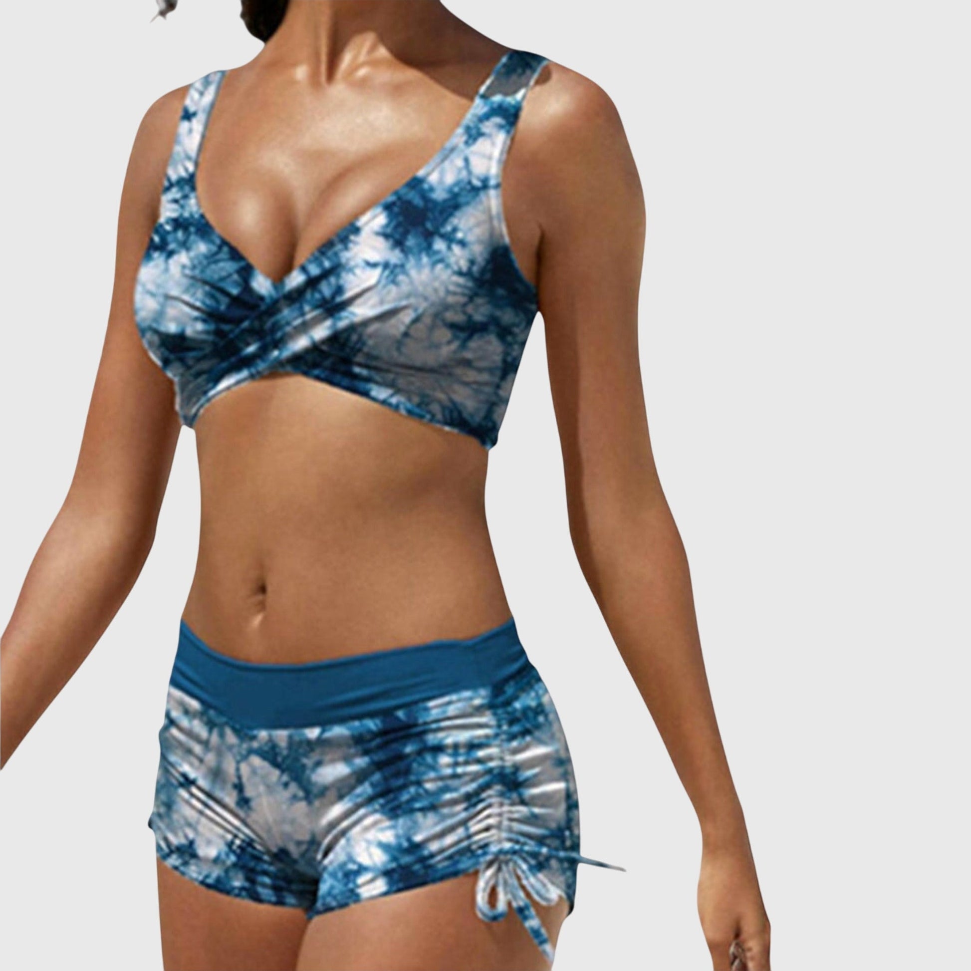 Dames Bikini Set met Crossover Top, V-hals en Ruched Short Blauw
