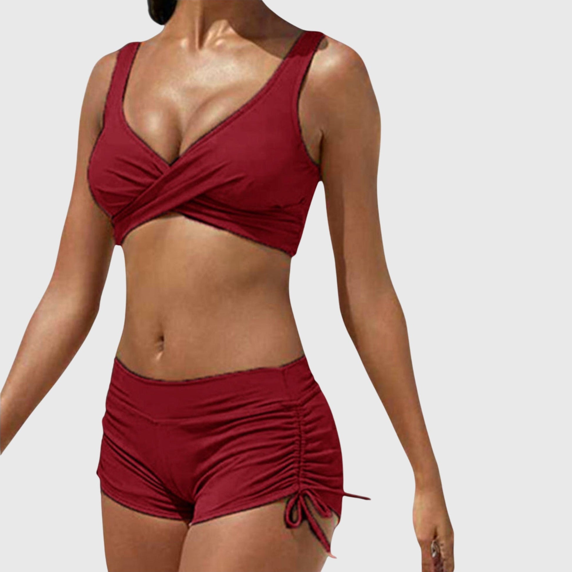 Dames Bikini Set met Crossover Top, V-hals en Ruched Short Rood