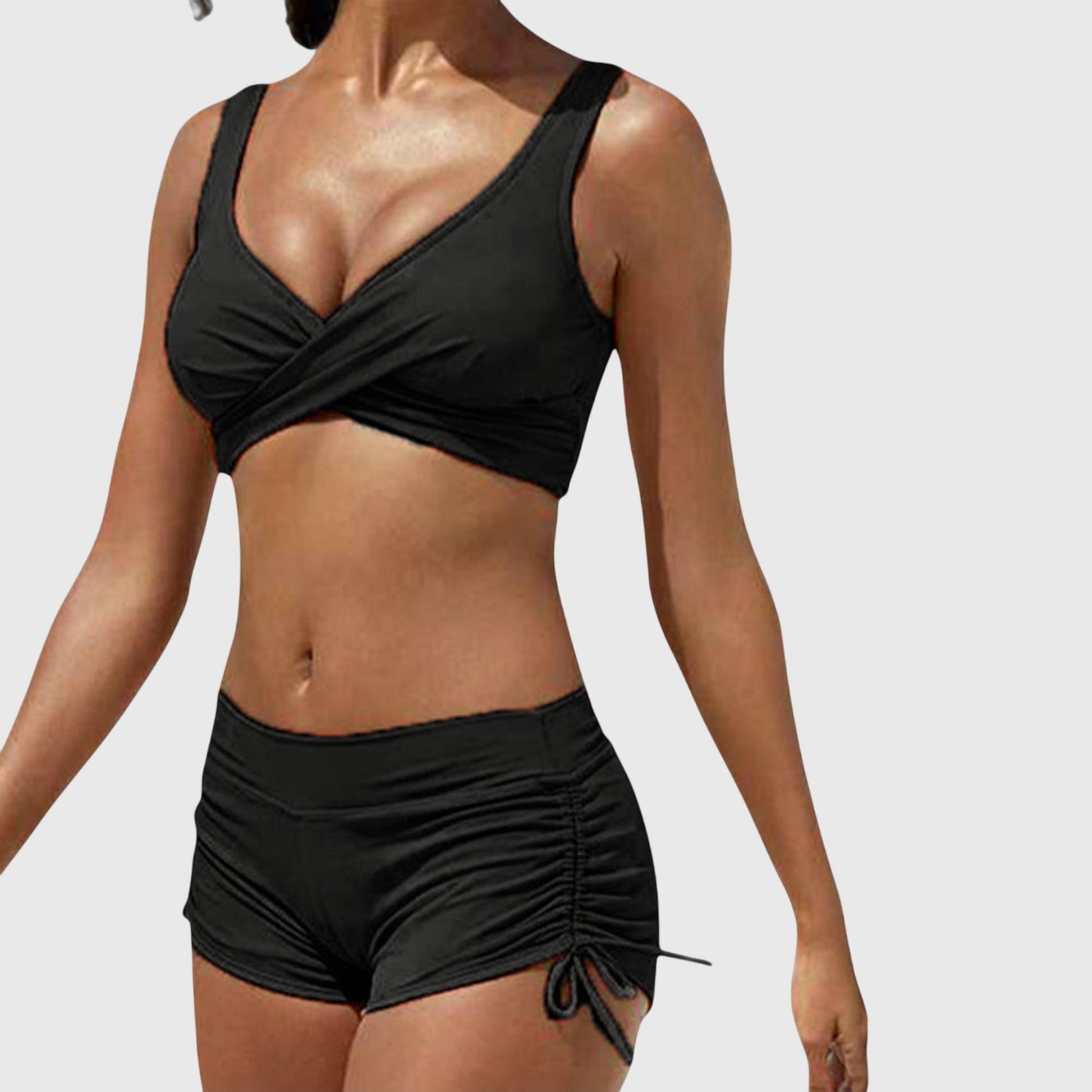 Dames Bikini Set met Crossover Top, V-hals en Ruched Short Zwart