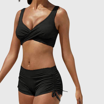 Dames Bikini Set met Crossover Top, V-hals en Ruched Short Zwart