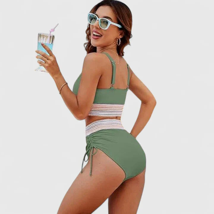 Dames Bikini Set met Hoge Taille, V-hals en Verstelbare Zijkoorden