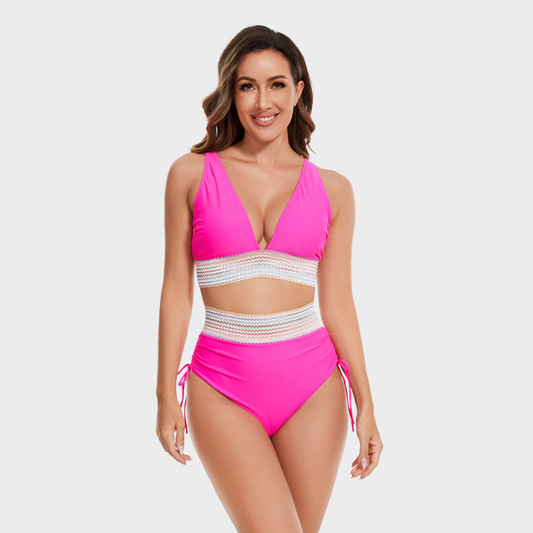 Dames Bikini Set met Hoge Taille, V-hals en Verstelbare Zijkoorden