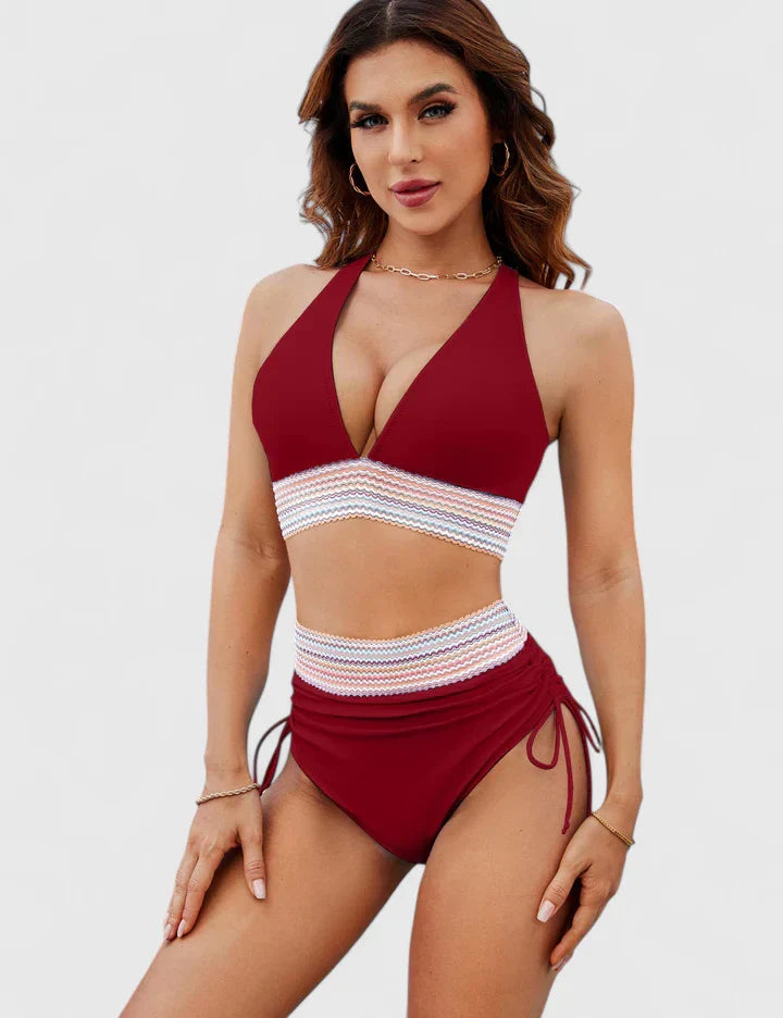 Dames Bikini Set met Hoge Taille, V-hals en Verstelbare Zijkoorden Rood