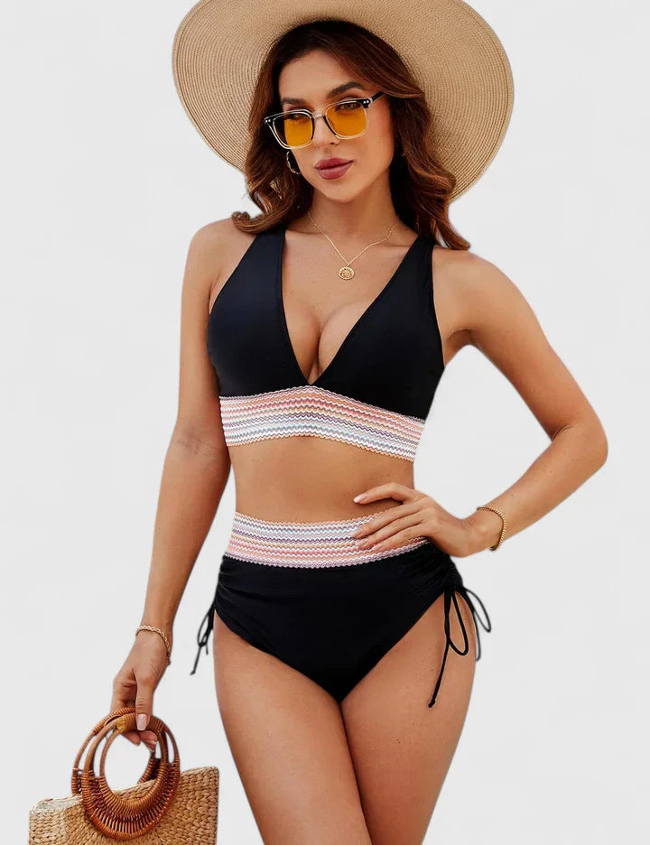 Dames Bikini Set met Hoge Taille, V-hals en Verstelbare Zijkoorden Zwart