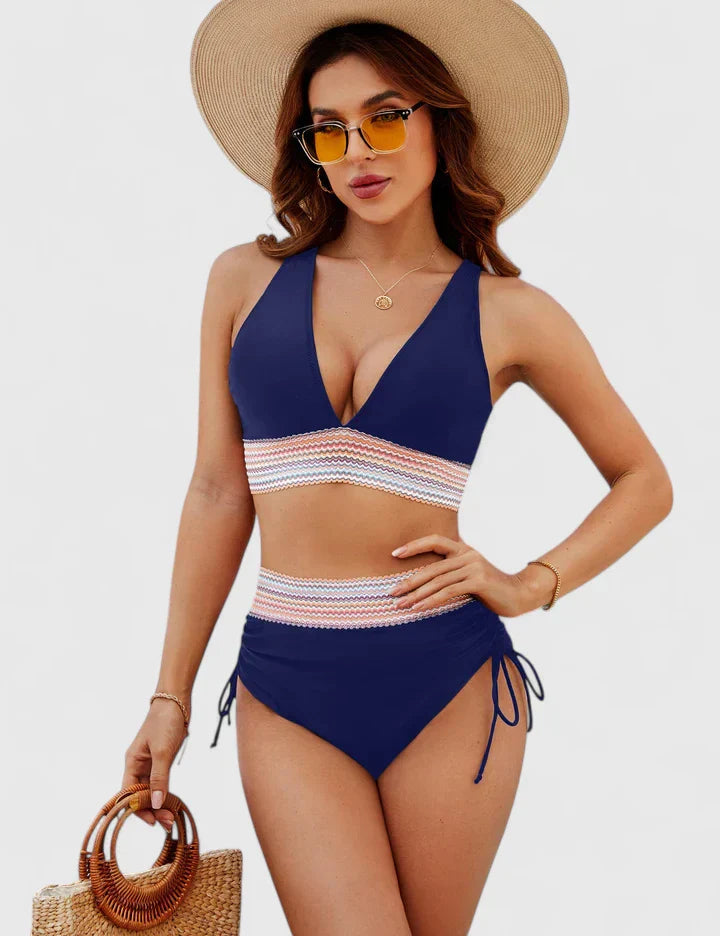 Dames Bikini Set met Hoge Taille, V-hals en Verstelbare Zijkoorden Donkerblauw