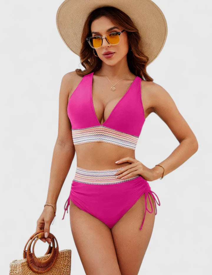 Dames Bikini Set met Hoge Taille, V-hals en Verstelbare Zijkoorden Roze