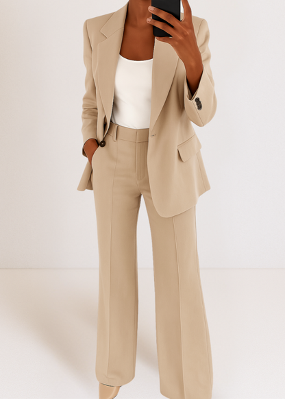 Dames Blazer Broek Set met Wijde Pijp en Getailleerde Blazer Beige