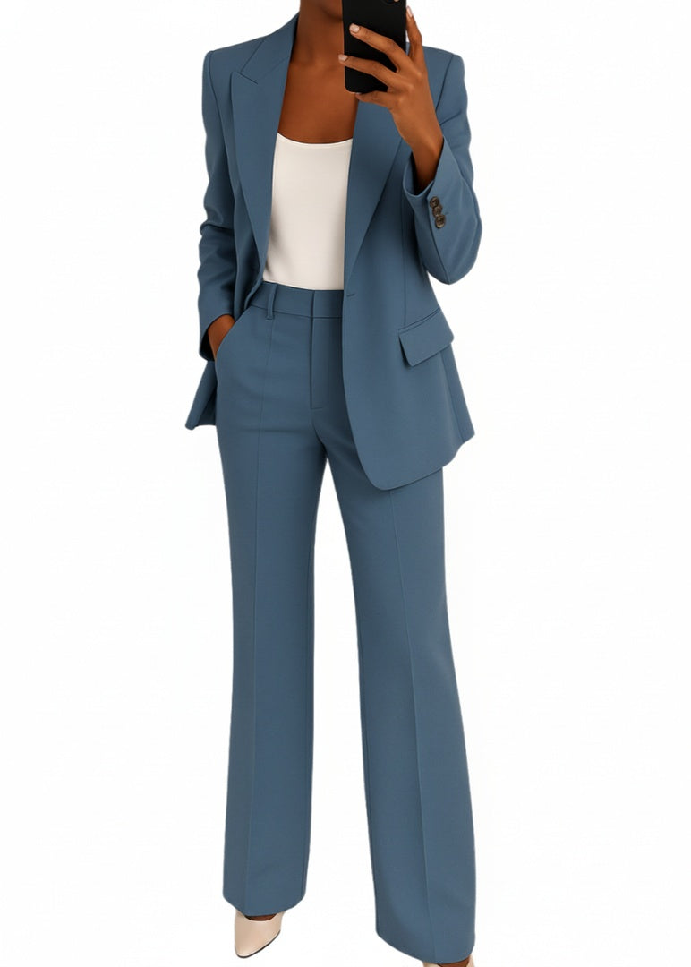 Dames Blazer Broekpak met Wide Leg Broek en Reverskraag