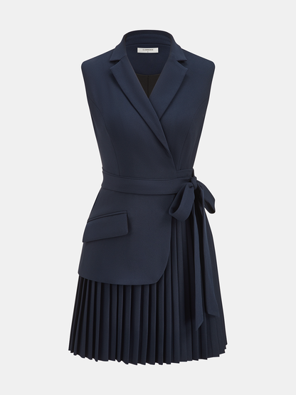 Dames Blazer Jurk Mouwloos met Geruite Plooirok en Strikceintuur