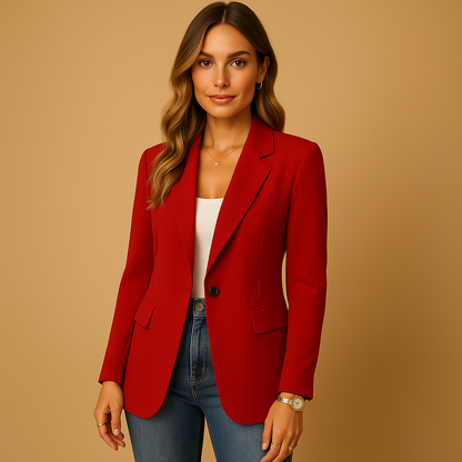 Dames Blazer met Revers Kraag en Eén Knoop Slim Fit Rood