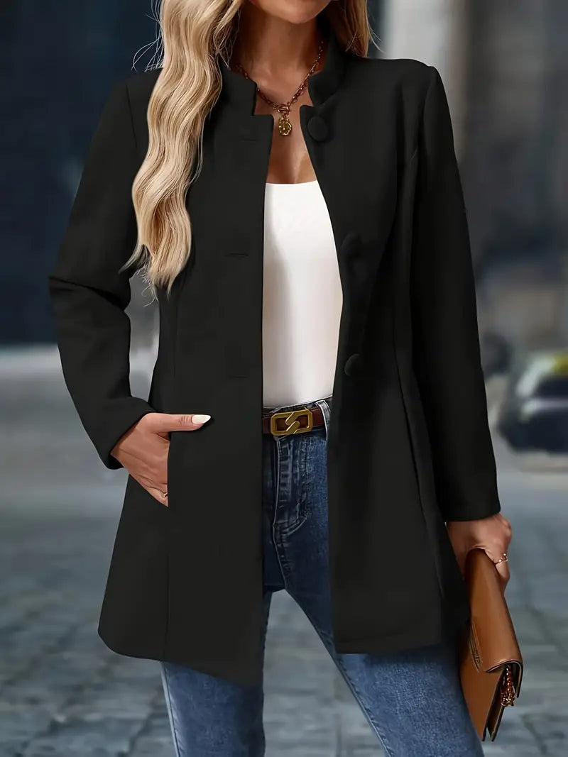 Dames Blazer met Staande Kraag en Knoopsluiting Slim Fit Zwart