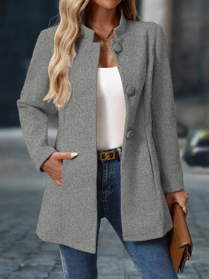 Dames Blazer met Staande Kraag en Knoopsluiting Slim Fit Grijs