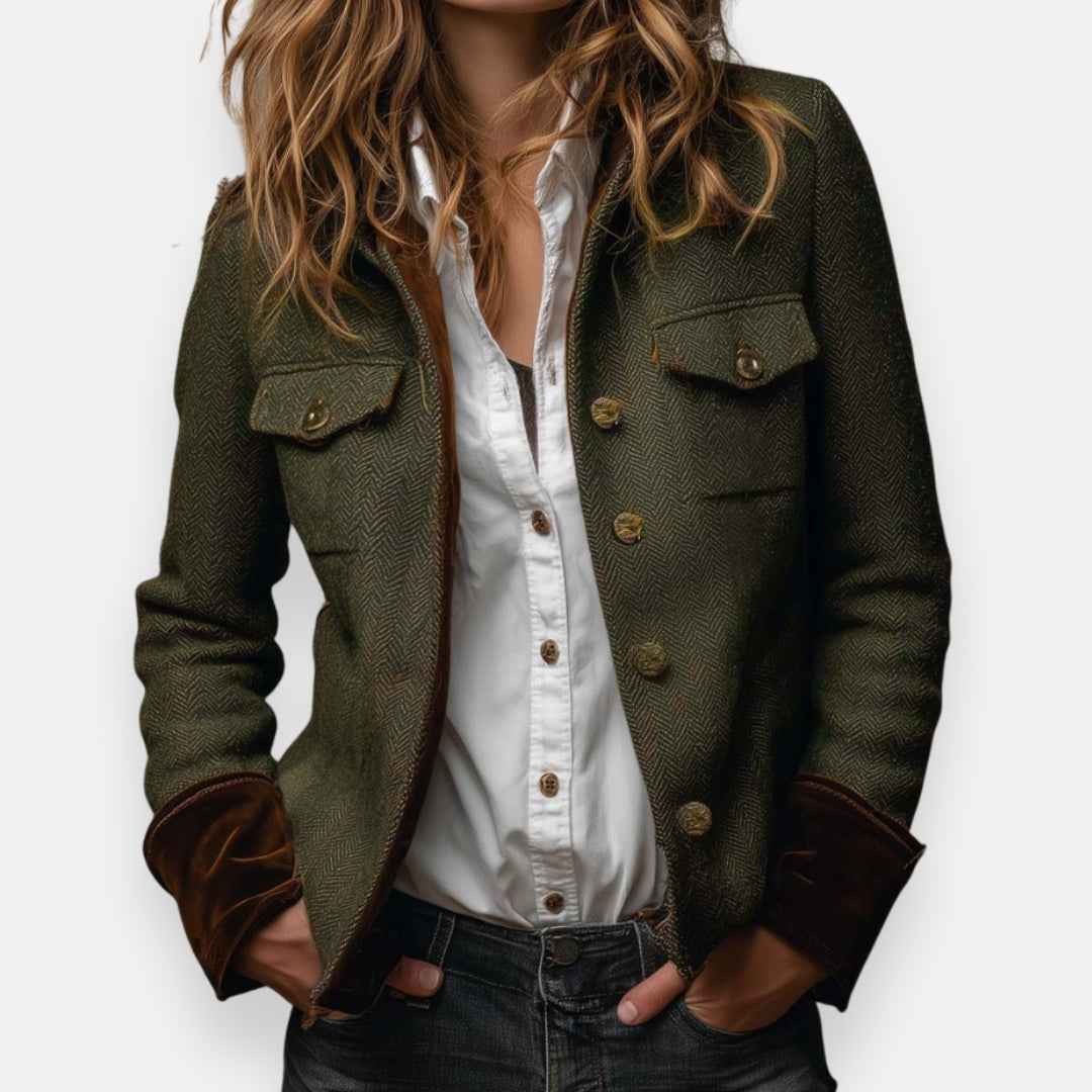 Dames Blazer met Visgraatpatroon en Knoopsluiting Legergroen