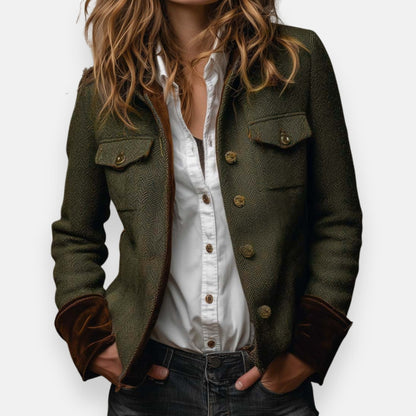 Dames Blazer met Visgraatpatroon en Knoopsluiting Legergroen