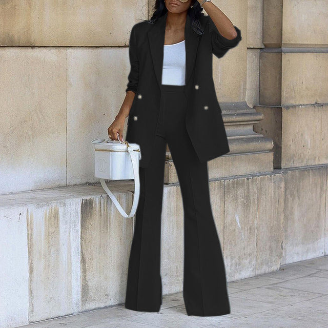 Dames Blazer Set met Flared Broek en Dubbele Knopenrij Zwart