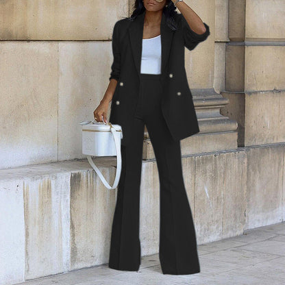 Dames Blazer Set met Flared Broek en Dubbele Knopenrij Zwart