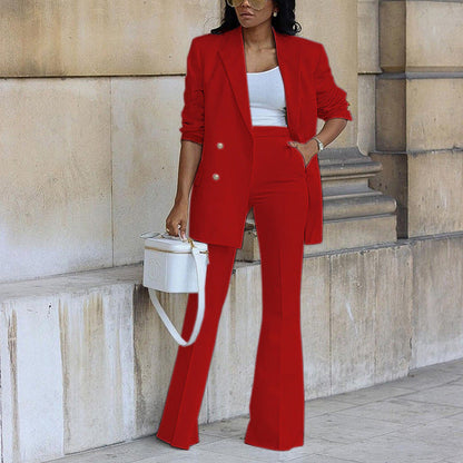 Dames Blazer Set met Flared Broek en Dubbele Knopenrij Rood