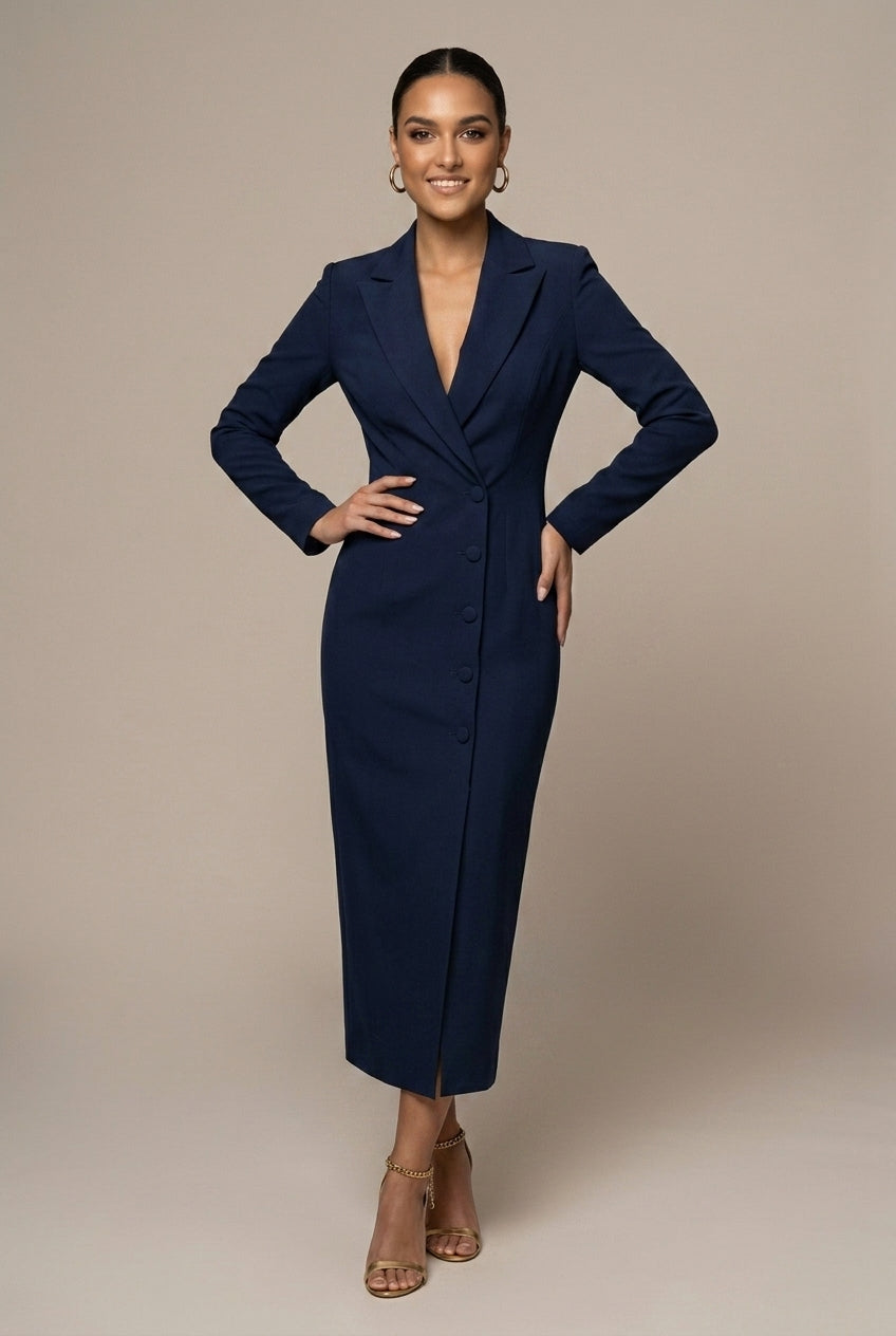 Dames Blazerjurk Midi met Reverskraag en Enkele Knoopsluiting Marineblauw